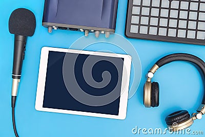 Tablet on studio Equipment for Music application mock up Stock Photo