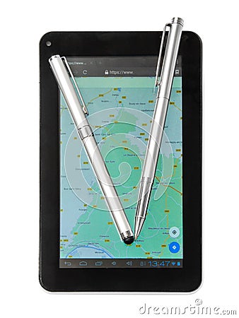 Tablet, stylus, ball pen Stock Photo