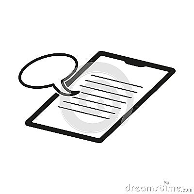 Tablet with text. Speech bubble symbol. Digital conversation icon. Communication vector. Vector Illustration