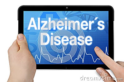 Tablet with touchscreen and diagnosis alzheimers disease Stock Photo