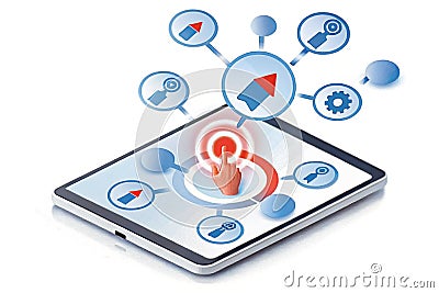 Tablet touchscreen interaction, interconnected icons, digital interface, background network Stock Photo