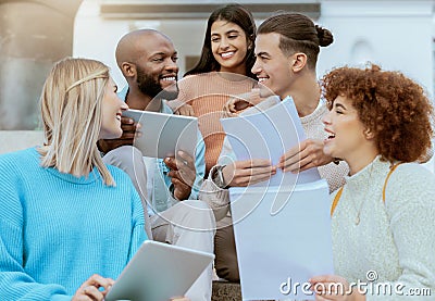 Tablet, university and students group studying, teamwork and planning schedule, project ideas or collaboration. Happy Stock Photo