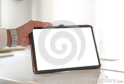 Tablet with white space to insert customization held by man in white coat. Doctor or manager shows data to the patient. Business d Stock Photo