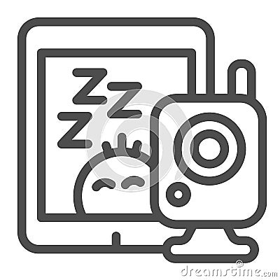 Tablet, wireless camera, radio nanny, baby monitoring line icon, CCTV concept, safety vector sign on white background Vector Illustration