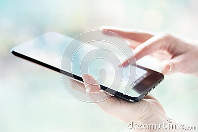 Tablet in woman hand social media Stock Photo