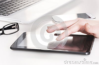 Tablet in woman hand social media Stock Photo