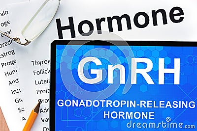 Tablet with words Gonadotropin-releasing hormone (GnRH) . Stock Photo