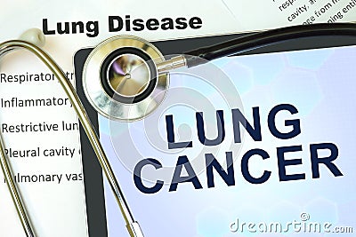 Tablet with words Lung cancer and stethoscope. Stock Photo