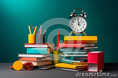 A tabletop with assorted items including many books, an alarm clock, and a range of colored pencils Cartoon Illustration