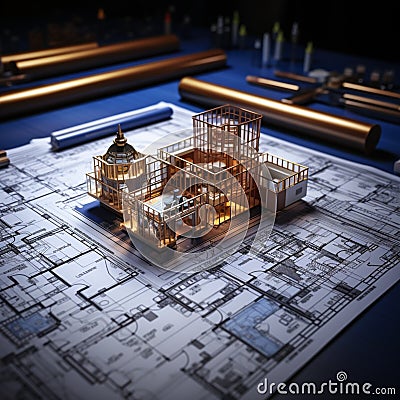 Tabletop blueprint arrangement Stacked rolls, architectural designs showcased, creative workspace depiction Stock Photo