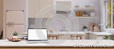 A tabletop with laptop mockup and copy space in a minimal white kitchen Cartoon Illustration