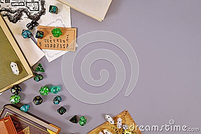 Tabletop roleplaying flat lay with RPG and game dices, rule book, notes and treasuremap Stock Photo