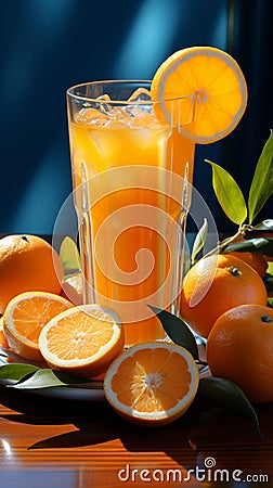 A tabletop tableau glass of orange juice, blue straw, and a heap of oranges Stock Photo