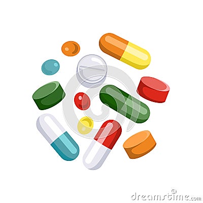 Tablets of different colors and shapes. Icons of pills, capsules Vector Illustration