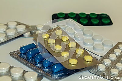 Tablets of different purposes. Pharmaceutical products Stock Photo