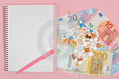 Tablets, pills, capsules, notebook with pen and banknotes euros. The concept of self-medication, social medecine, accessibility, r Stock Photo