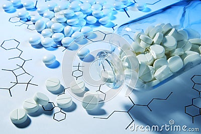 Tablets and structural formulas Stock Photo