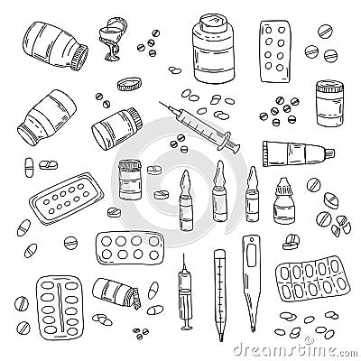 Tablets, syringe, capsule container, eye drops, thermometer, ampoules, ointment and snake bowl set. Medical hand-drawn doodle Vector Illustration