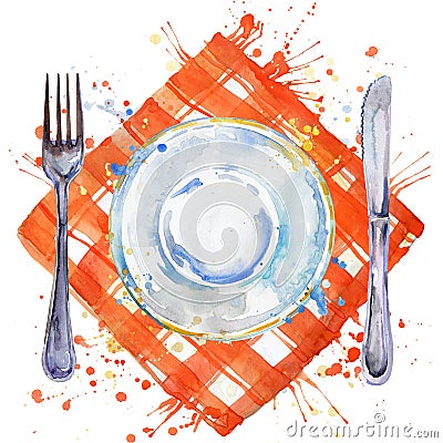 Tableware, cutlery, plates for food, fork, table knife and a cloth napkin. watercolor background illustration Stock Photo