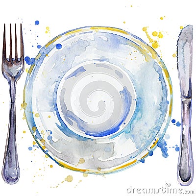 Tableware, cutlery, plates for food, fork, table knife watercolor background illustration Stock Photo