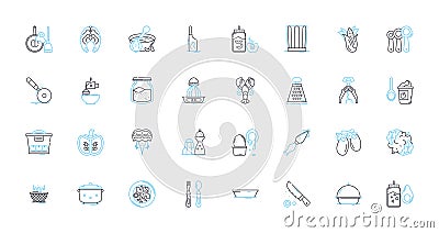 Tableware items linear icons set. Plates, Bowls, Cups, Saucers, Forks, Spoons, Knives line vector and concept signs Vector Illustration