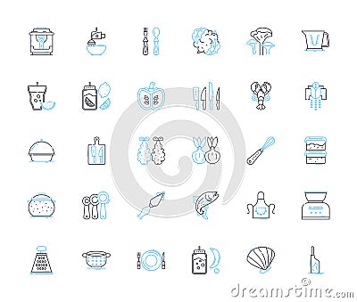 Tableware items linear icons set. Plates, Bowls, Cups, Saucers, Forks, Spoons, Knives line vector and concept signs Vector Illustration