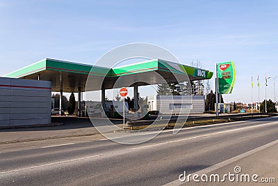 MOL group international oil and gas company logo on fuel station Editorial Stock Photo