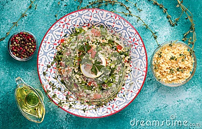 Tabule - an oriental salad, next to the ingredients Stock Photo