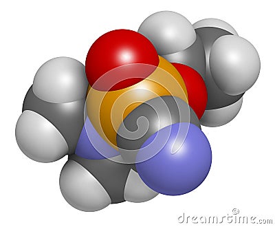 Tabun nerve agent molecule (chemical weapon). 3D rendering. Atoms are represented as spheres with conventional color coding: Stock Photo