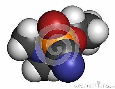 Tabun nerve agent molecule (chemical weapon). 3D rendering. Atoms are represented as spheres with conventional color coding: Stock Photo