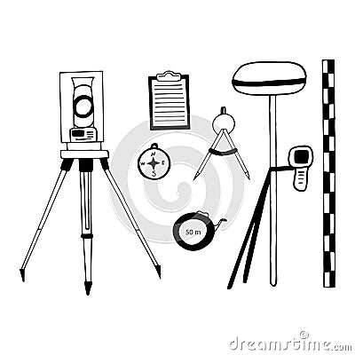 tacheometer, technical level, Total station, tape measure, leveling staff, compass, tablet, dividers set hand drawn Stock Photo