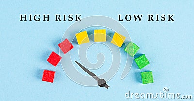 Tachometer high and low risk, pointer is showing to the red risky scale, financial credit and business score Stock Photo