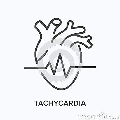 Tachycardia flat line icon. Vector outline illustration of heart and cardiogram. Black thin linear pictogram for ecg Vector Illustration