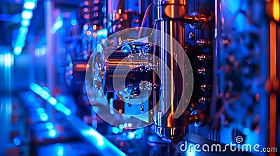 Tack-sharp photo of a quantum computer, complex architecture, cool blue lighting Cartoon Illustration