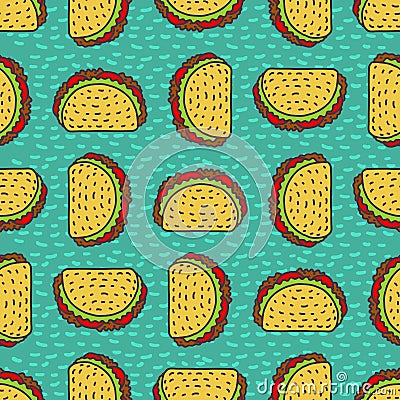 Taco drawing background. Mexican fast food pattern. Food from me Vector Illustration