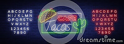 Taco logo vector. Neon sign on Mexican food, Tacos, street Vector Illustration