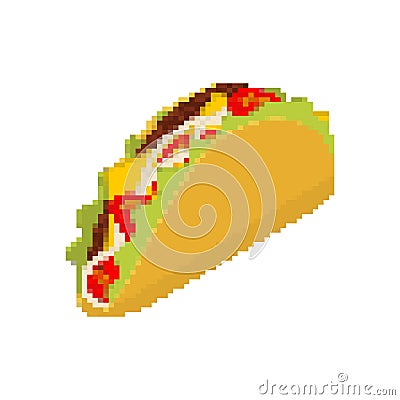 Taco pixel art. Tacos are pixelated. Mexican Fast Food is isolated. Mexico national food Vector Illustration