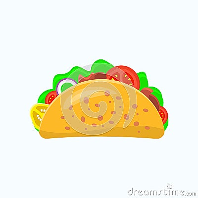 Taco with tortilla shell outline illustration. Mexican lunch flat line vector icon. Vector Illustration