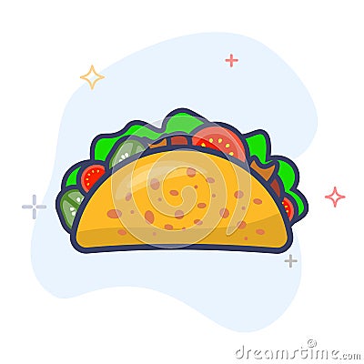 Taco with tortilla shell outline illustration. Mexican lunch flat line vector icon. Vector Illustration