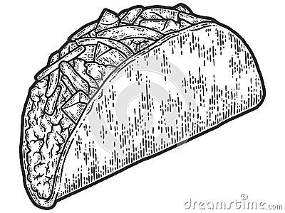 Taco, traditional Mexican dish. Sketch scratch board imitation. Coloring hand drawn image. Vector Illustration