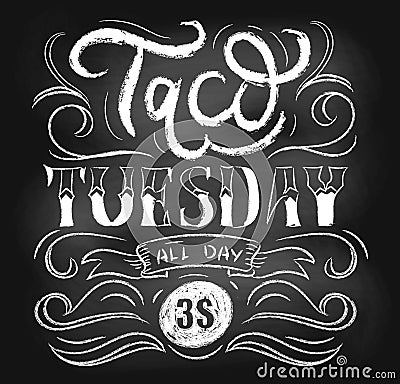 Taco tuesday chalkboard vector poster with lettering and flourishes. Retro tacos advertising for flyers, prints, banners etc. Vector Illustration