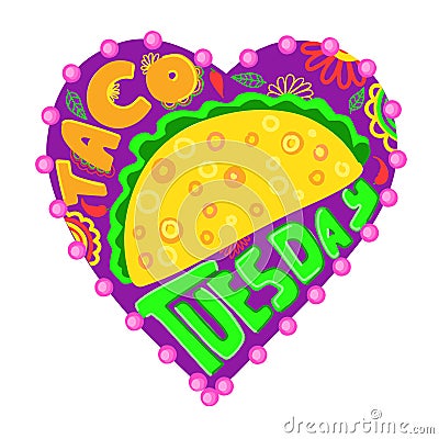 Taco Tuesday in the style of the 90s. Taco party. Mexican cuisine print. Vector isolated illustration on a white background Vector Illustration