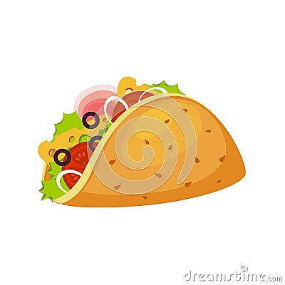 Taco Wrap With Tortilla, Ham And Vegetables, Street Fast Food Cafe Menu Item Colorful Vector Icon Vector Illustration