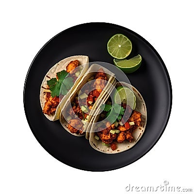 Tacos Al Pastor On Black Smooth Round Plate On Isolated Transparent Background Mexican Food. Generative AI Stock Photo
