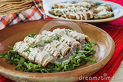 Tacos dorados, flautas de pollo, chicken tacos and spicy Salsa Homemade Mexican food in mexico Stock Photo