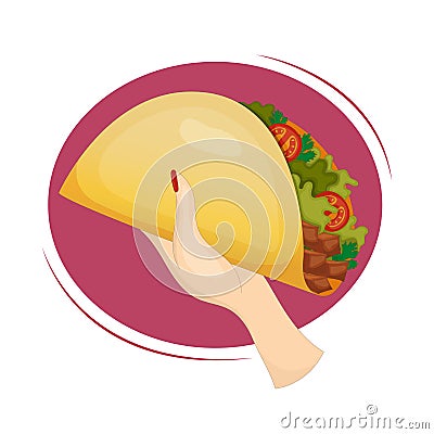Tacos in the hand with vegetables and meat. Traditional Mexican fasfood. Vector Illustration