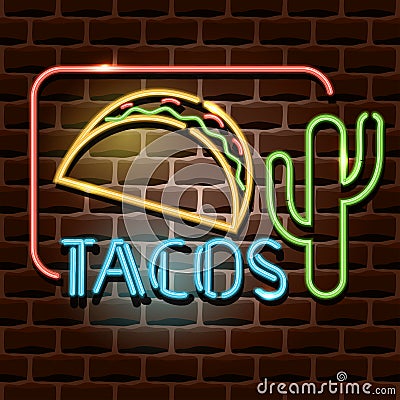 Tacos neon advertising sign Vector Illustration