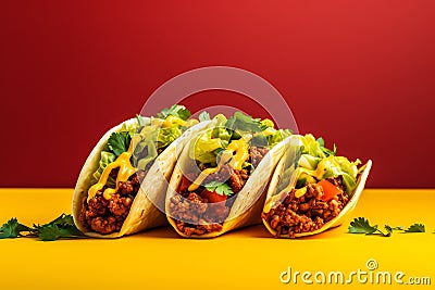 Tacos tasty fast food street food for take away on yellow background Stock Photo