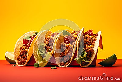 Tacos tasty fast food street food for take away on yellow background Stock Photo