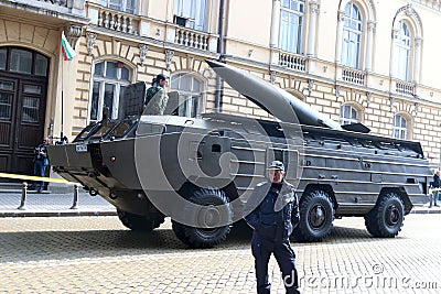 Tactical operational missile complex point on military hardware parade. Editorial Stock Photo